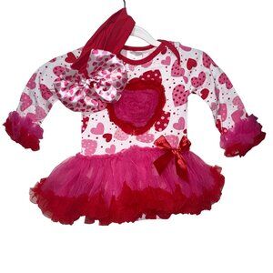 Matching Kids Valentine Dress & Headband Girls M Red/Pink Tulle Heart Print 2pc